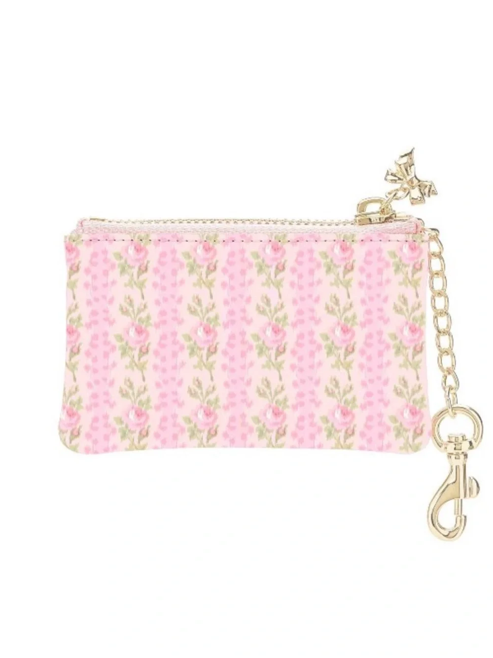 LoveShackFancy Pink Floral Key & Card Pouch Strawberry Macaroon with Gold Bow